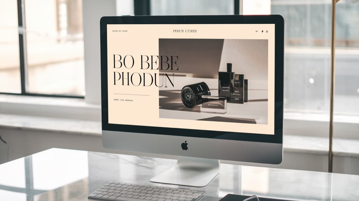 Product brand website design displayed on a MacBook screen